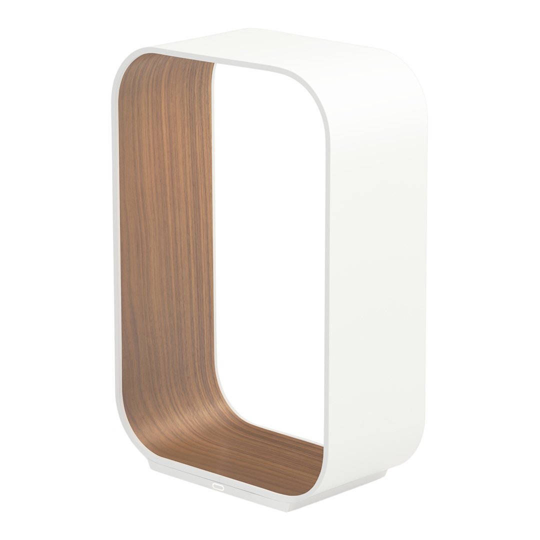Modern white and wood accent table with a sleek, curved design and contrasting brown interior, perfect for contemporary decor.