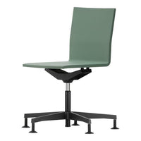 Mint green chair with a sleek modern design, featuring a black base and minimalistic lines.