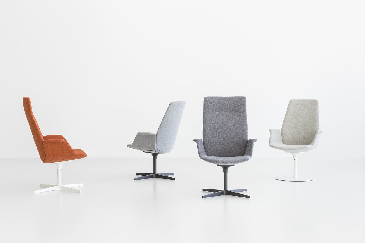 Four modern chairs in orange, light gray, dark gray, and soft beige, featuring sleek, minimalist designs.