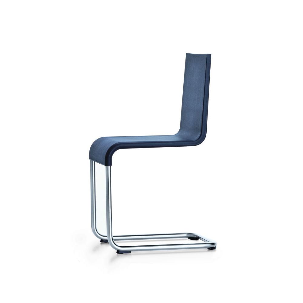 Sleek blue chair with a minimalist design and chrome legs, perfect for modern decor.