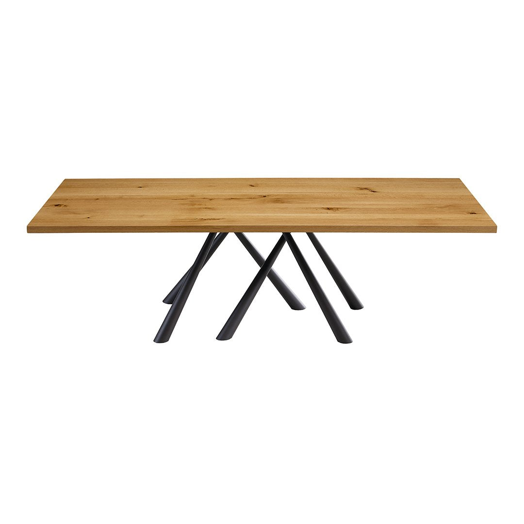 Natural wood tabletop with a warm oak finish and sleek black metal legs, featuring a modern, minimalist design.