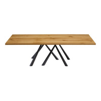 Natural wood tabletop with a warm oak finish and sleek black metal legs, featuring a modern, minimalist design.
