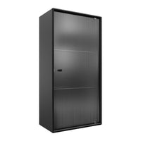 Black metal storage cabinet with a sleek, textured design and vertical ribbed pattern on the door.