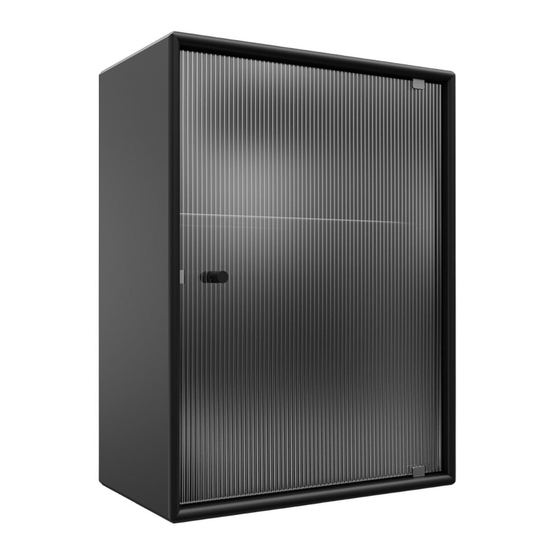 Black storage cabinet with a sleek, ribbed pattern on the front for a modern look. Ideal for minimalistic decor.