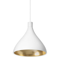 White pendant lamp with a sleek, teardrop shape and a shiny gold interior for a modern aesthetic.