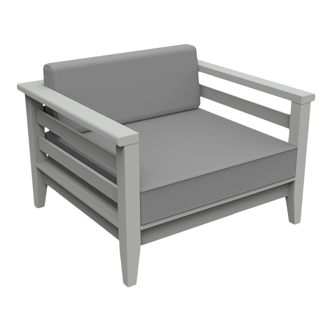 Gray cushioned armchair with a sleek, modern design and light gray wooden frame. Ideal for contemporary decor.