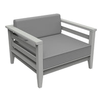 Gray cushioned armchair with a sleek, modern design and light gray wooden frame. Ideal for contemporary decor.