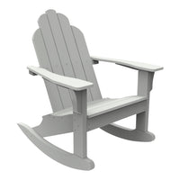 Gray wooden rocking chair with a classic slatted design, featuring a smooth finish and gentle curves.