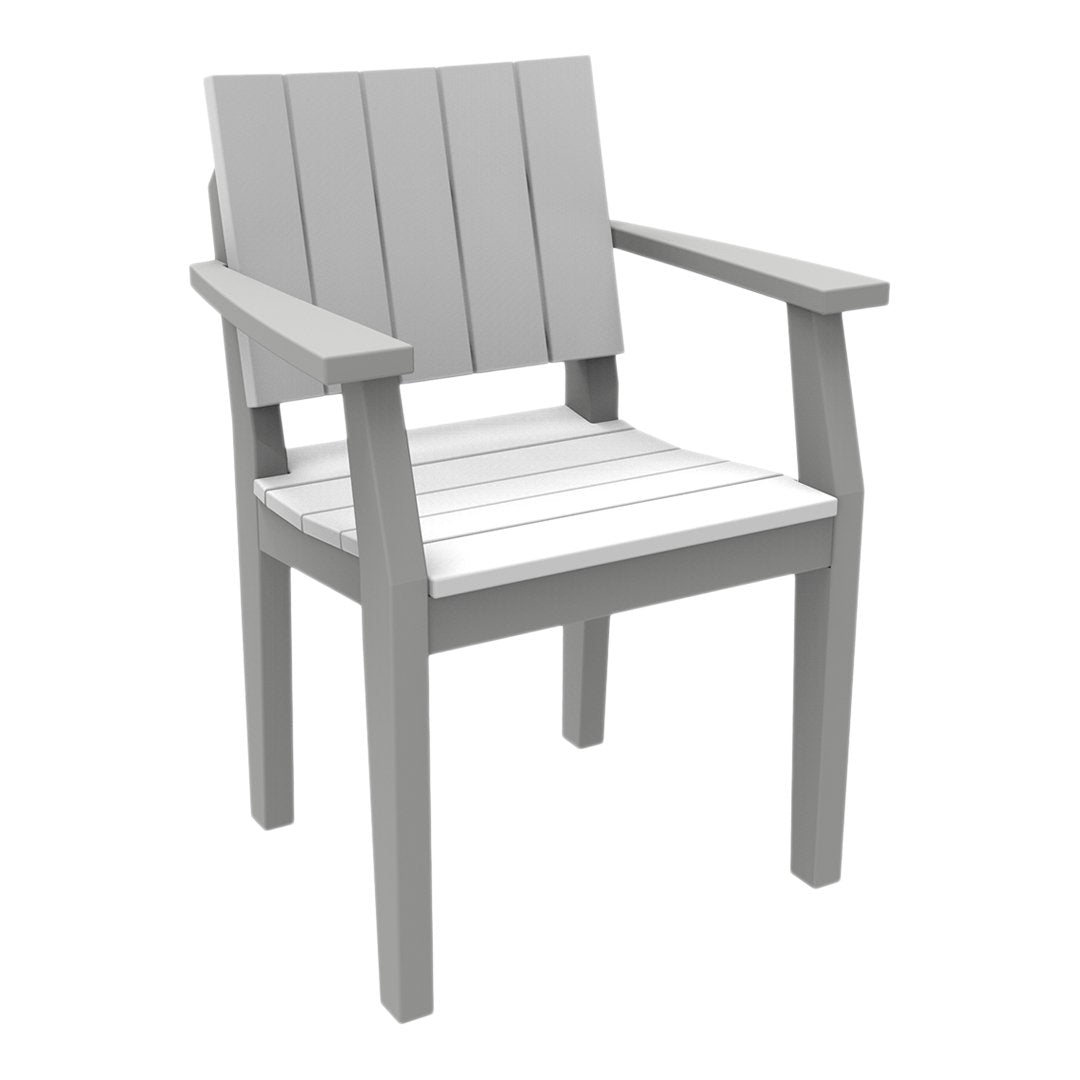 Gray outdoor chair with slatted back and seat design, featuring a mix of light and dark gray tones. Perfect for patio use.