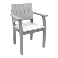 Gray outdoor chair with slatted back and seat design, featuring a mix of light and dark gray tones. Perfect for patio use.