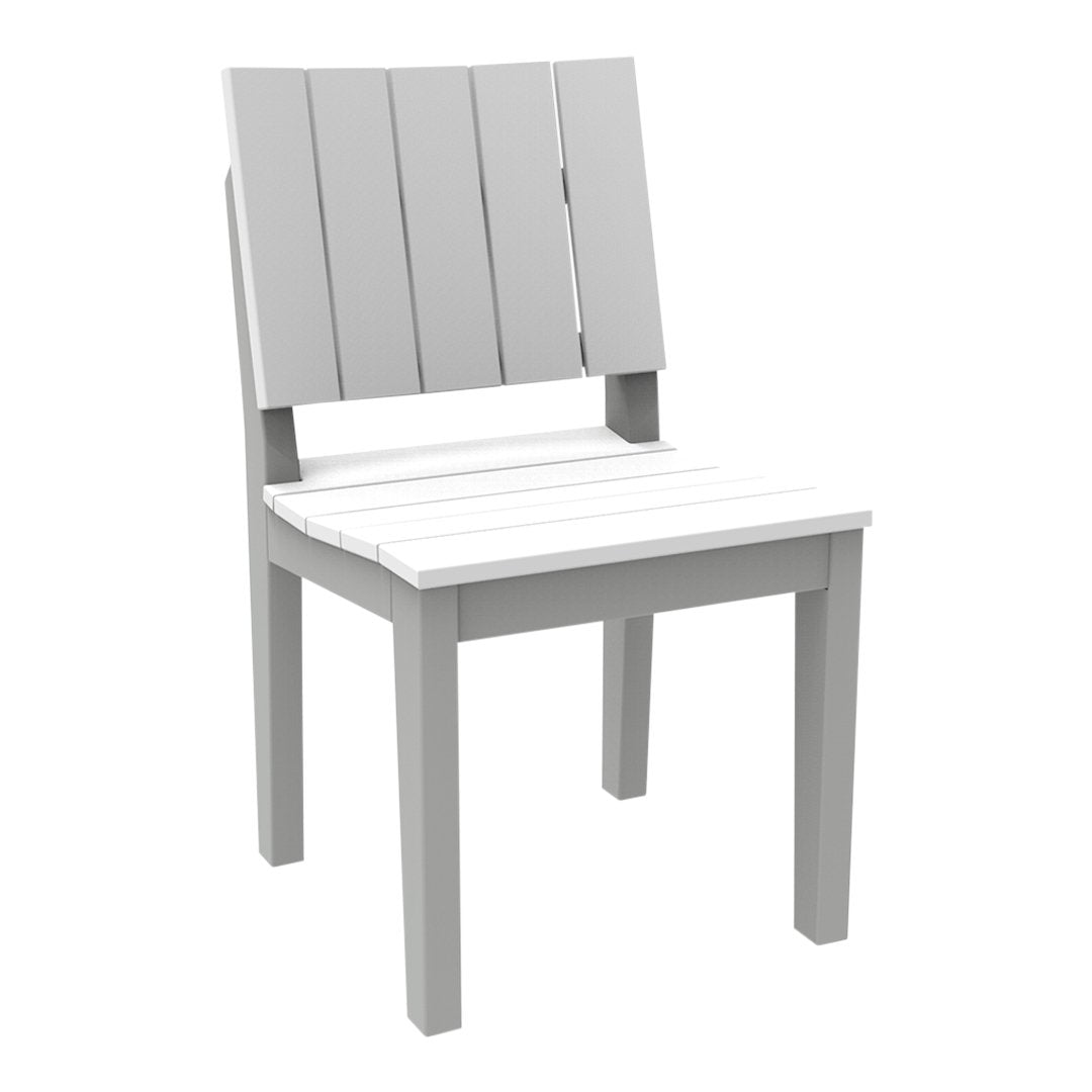 Light grey wooden chair with a slatted backrest and a white slatted seat. Simple and modern design.