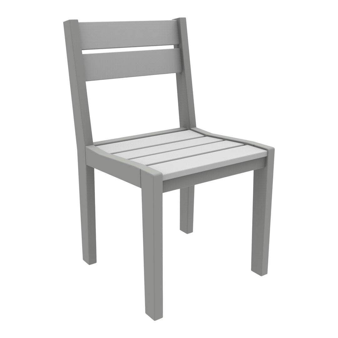 Gray wooden chair with a slatted white seat and backrest, featuring a minimalist design. Perfect for modern decor.