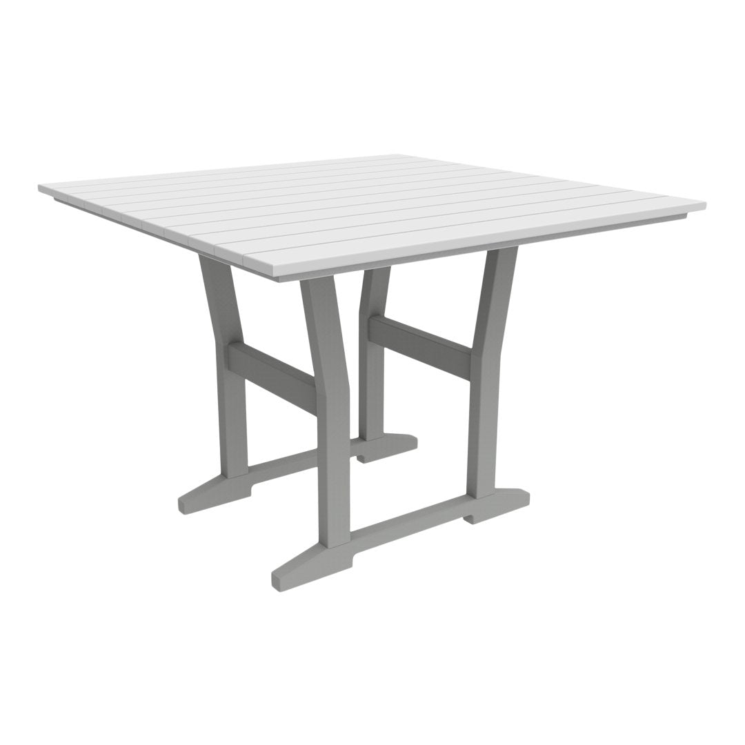 Square outdoor table in sleek white with subtle slatted pattern and gray legs for modern elegance.