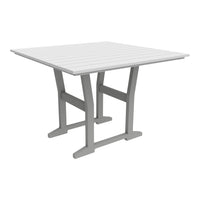 Square outdoor table in sleek white with subtle slatted pattern and gray legs for modern elegance.