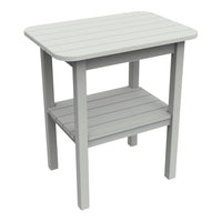 Light gray wooden side table with slatted top and shelf, featuring a sleek, minimalist design.
