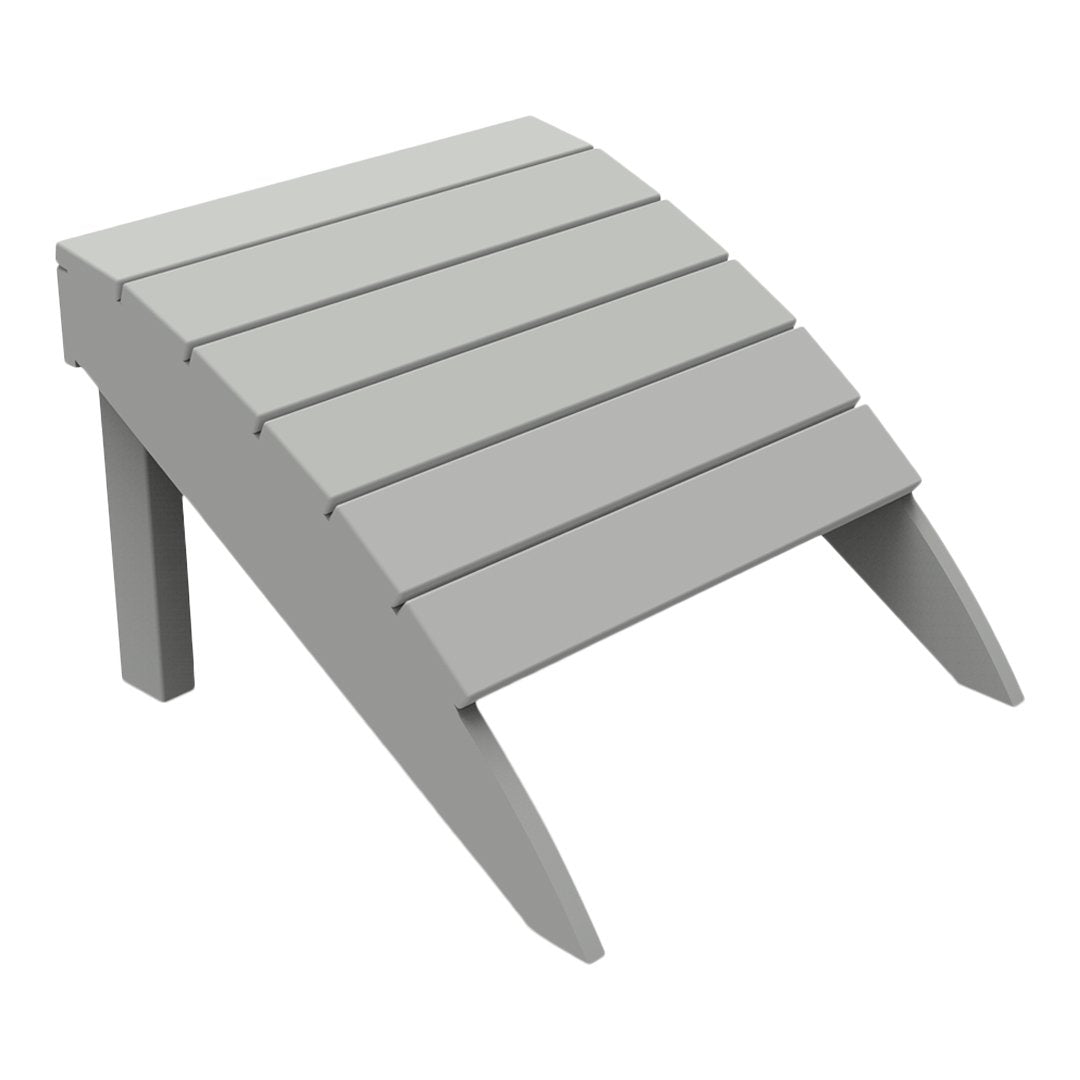 Gray outdoor footrest with a slatted design and angled legs, perfect for patio or garden use.
