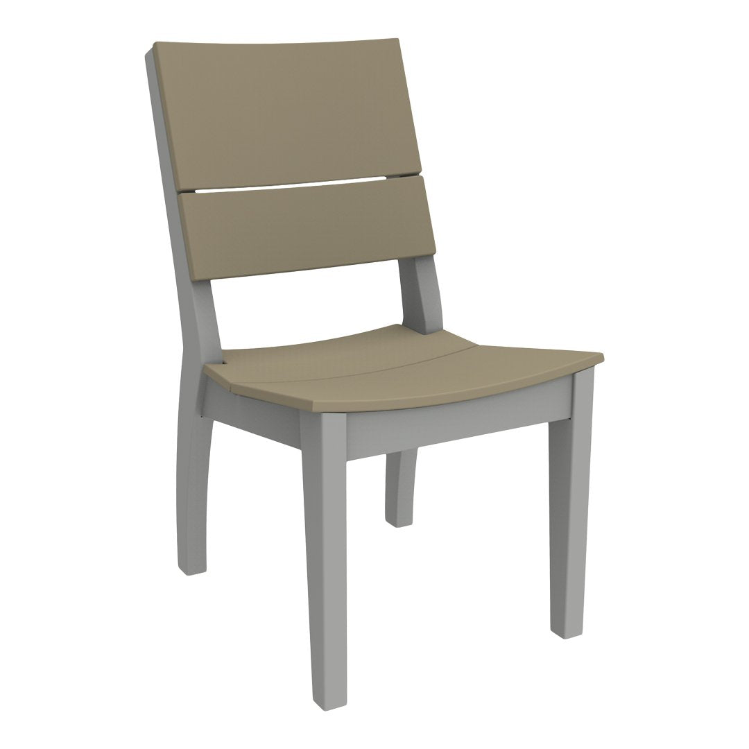 "Light gray wooden chair with a smooth, beige slatted seat and backrest, ideal for modern decor."