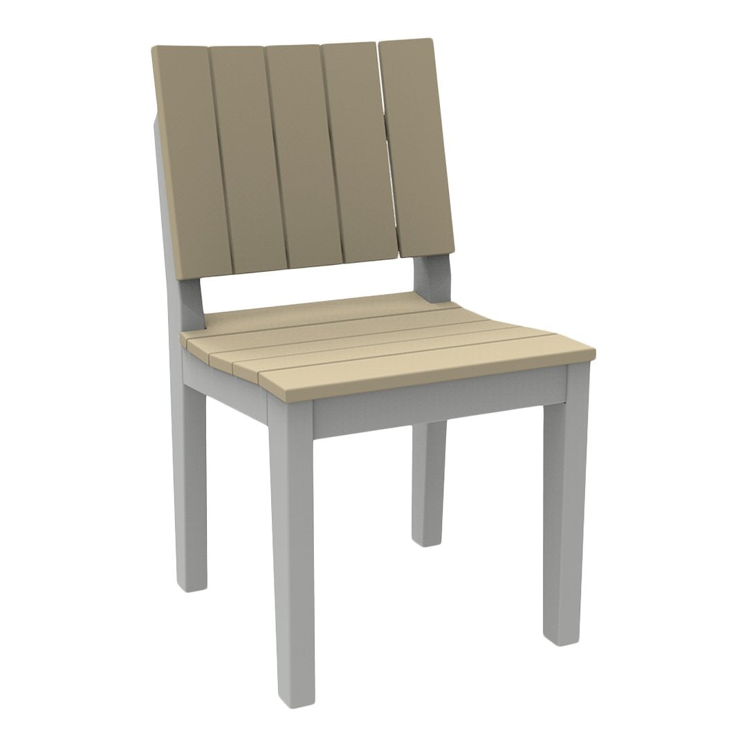 Tan and light gray slatted wooden chair with a simple, contemporary design. Ideal for modern interiors.