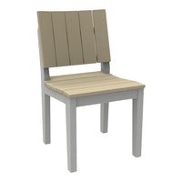Tan and light gray slatted wooden chair with a simple, contemporary design. Ideal for modern interiors.