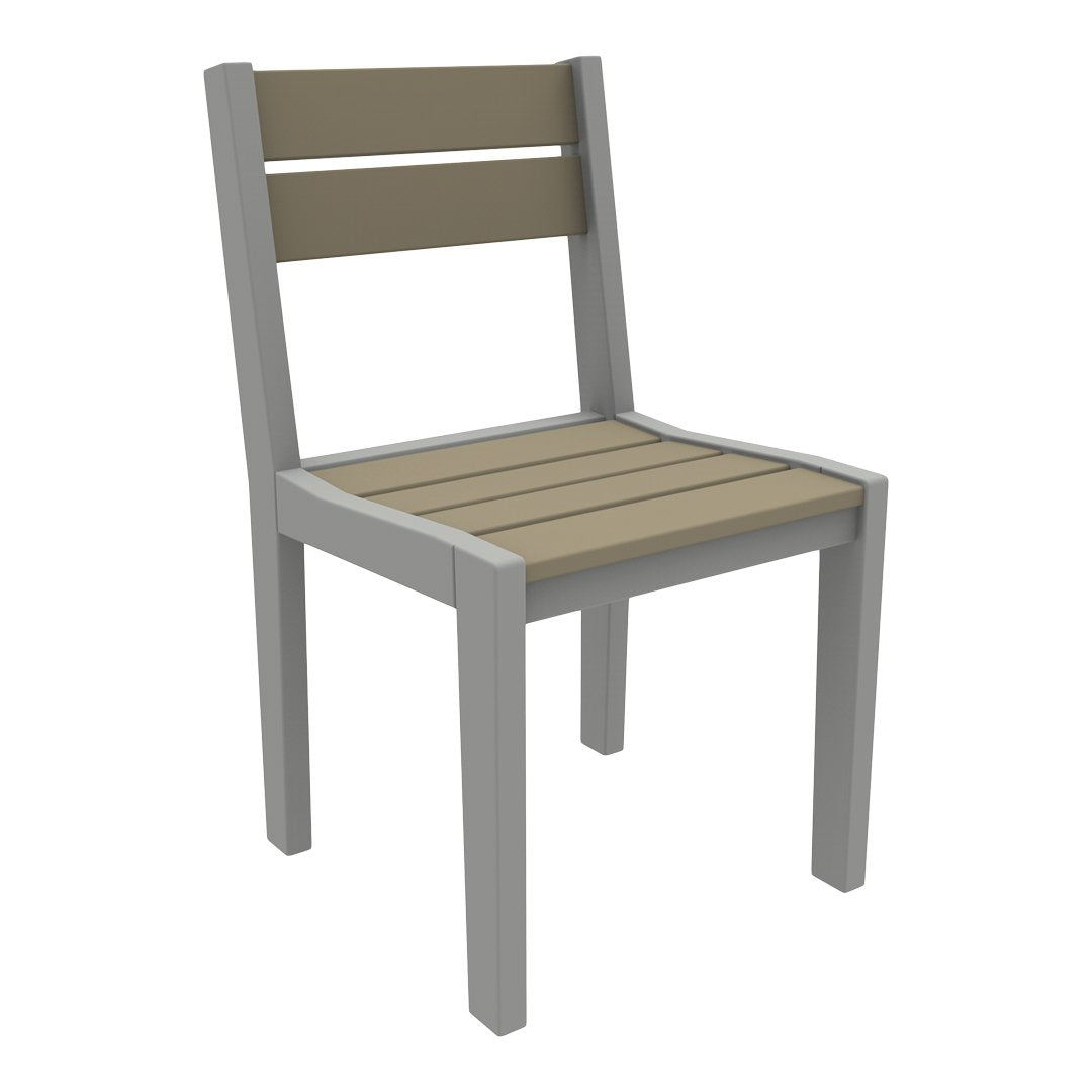 Gray and beige wooden chair with a simple, modern design and horizontal slat pattern on the seat and backrest.