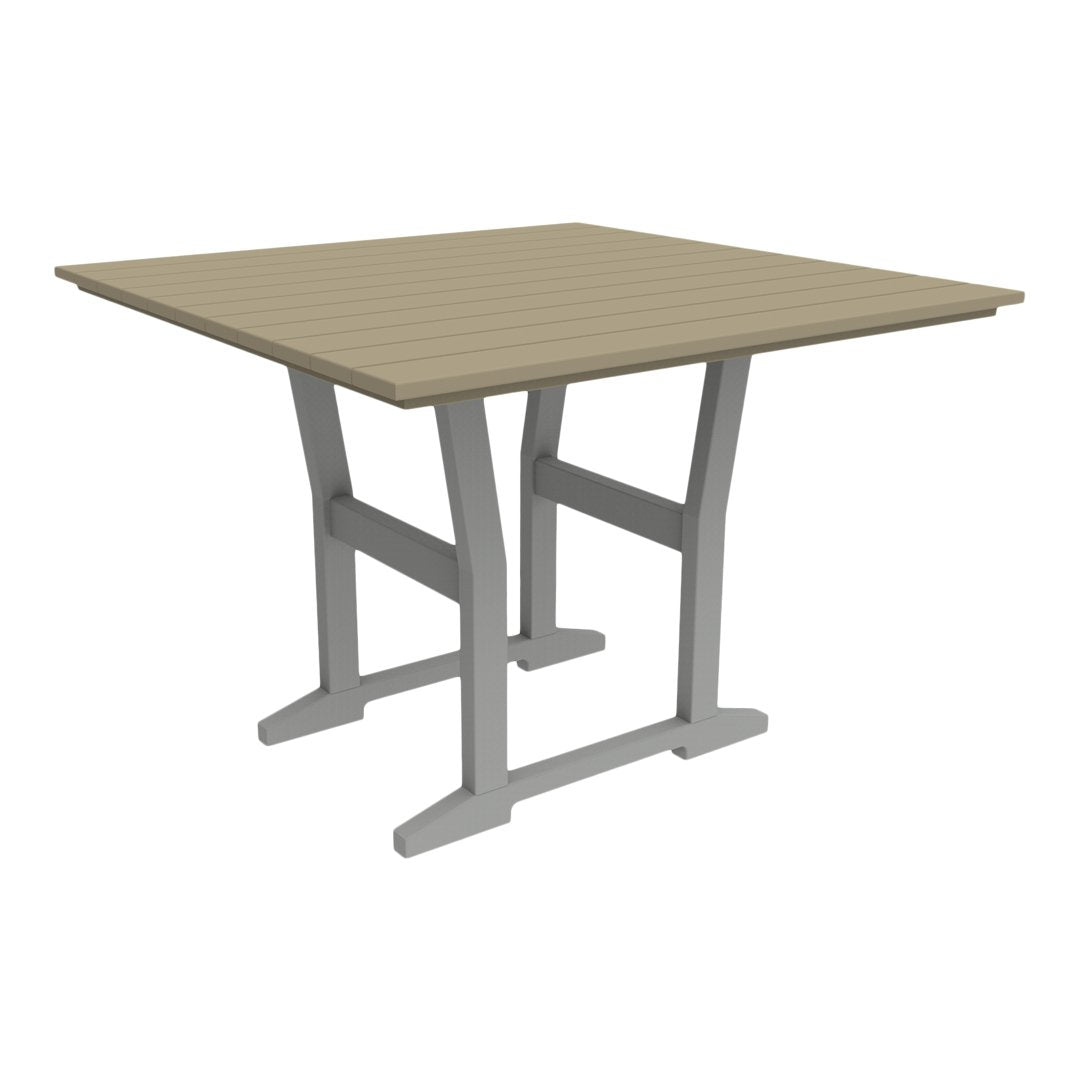 Square patio table featuring a light beige top with slatted design and a sleek gray frame for modern elegance.