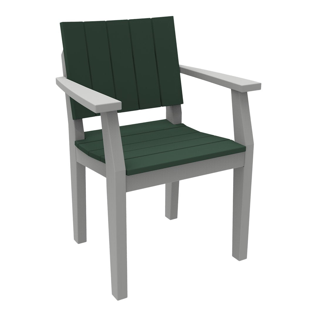 Green slatted seat and backrest with light gray armrests and frame, perfect for outdoor settings.