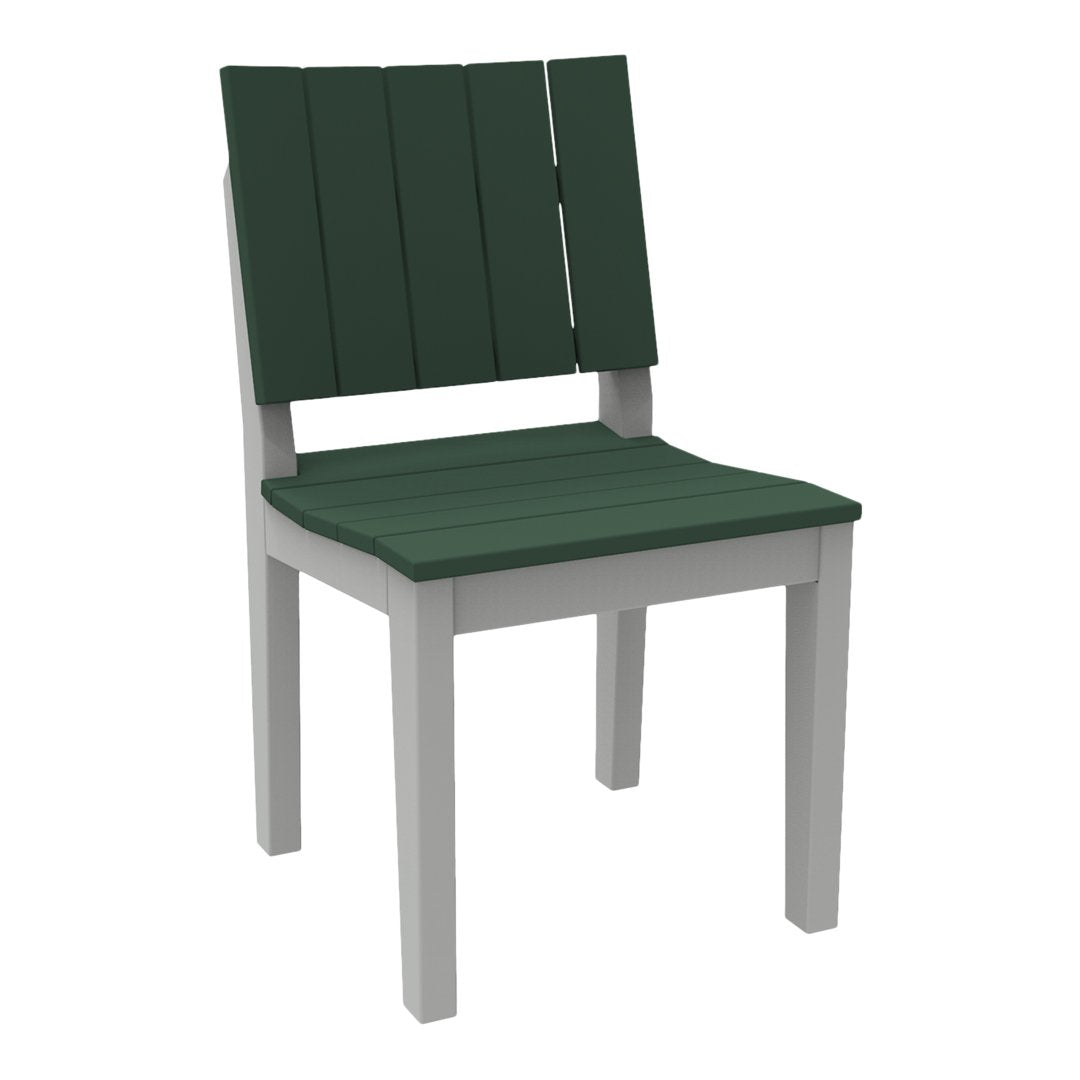 Green slatted chair with a contrasting gray frame, designed for outdoor use. Clean lines and modern aesthetic.