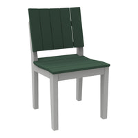 Green slatted chair with a contrasting gray frame, designed for outdoor use. Clean lines and modern aesthetic.