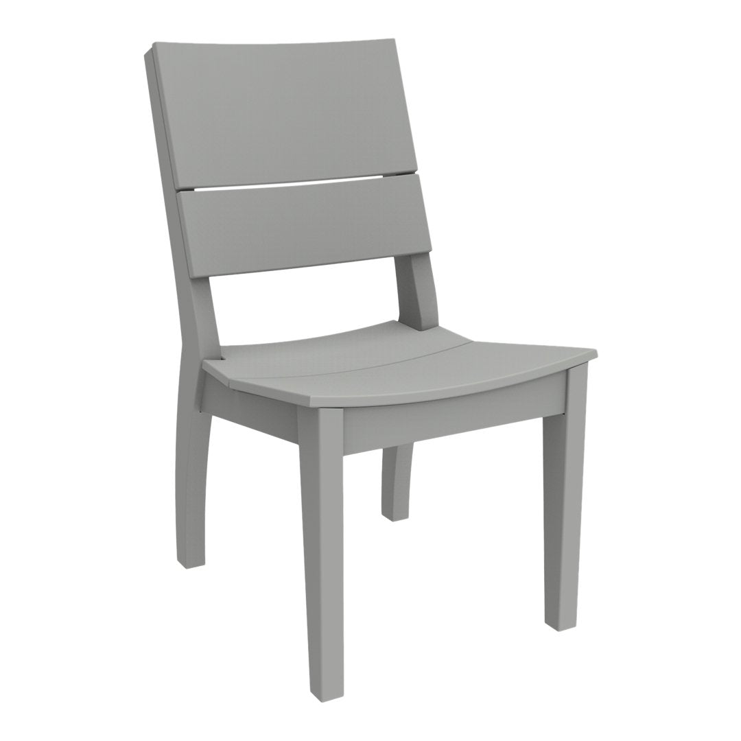 Gray wooden chair with a minimalist design and slatted backrest, showcasing a smooth, matte finish.