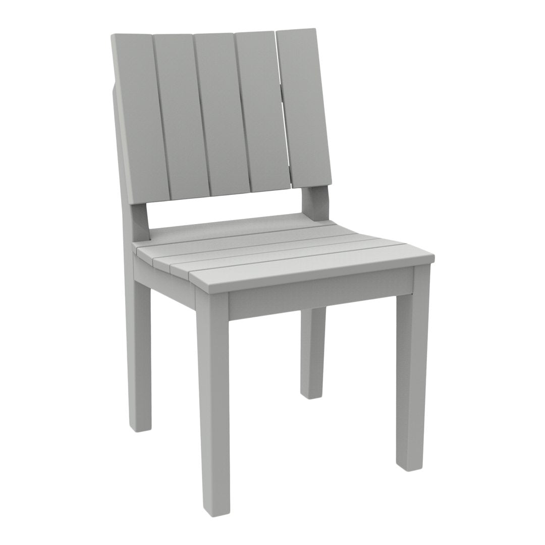 "Gray slatted chair with a simple design and smooth finish, ideal for modern outdoor or indoor settings."