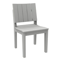 "Gray slatted chair with a simple design and smooth finish, ideal for modern outdoor or indoor settings."