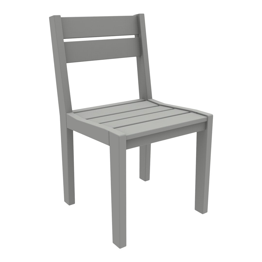 Gray wooden chair with a slatted seat and backrest, featuring a minimalist design and sleek lines. Perfect for modern decor.