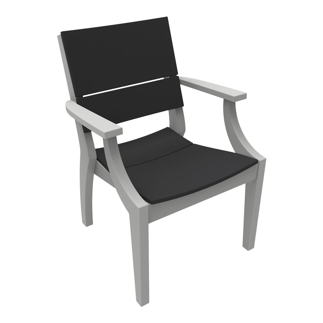 Modern grey chair with a sleek black seat and backrest, featuring minimalistic design and clean lines.