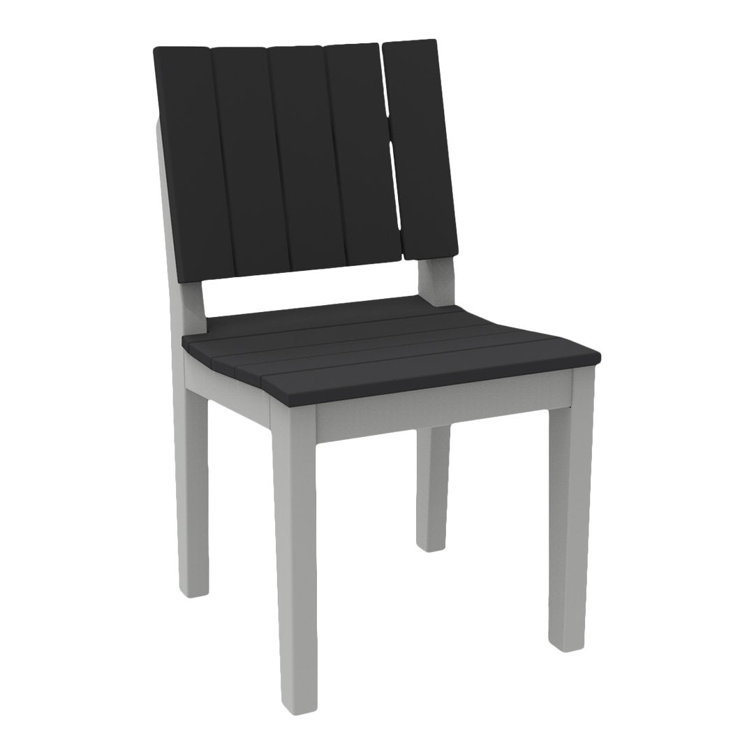 Black slatted back and seat with a light gray frame, perfect for modern outdoor or indoor decor.
