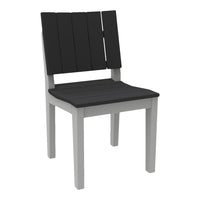 Black slatted back and seat with a light gray frame, perfect for modern outdoor or indoor decor.