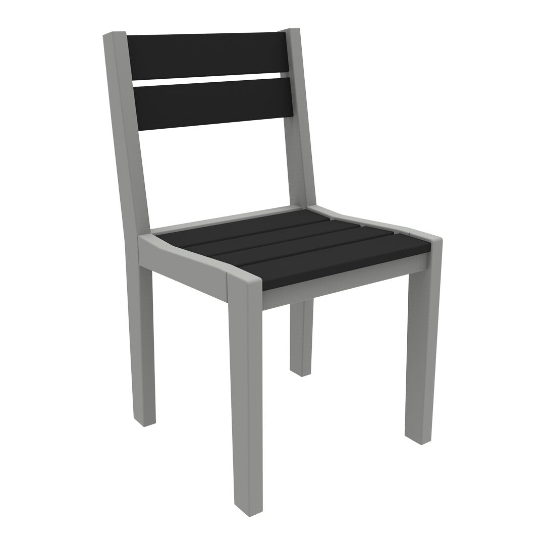Modern chair featuring a sleek black seat and backrest with a minimalist gray frame. Perfect for contemporary spaces.