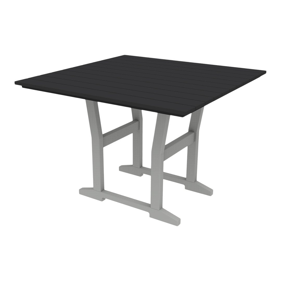 Square outdoor table featuring a sleek black top and modern gray legs. Ideal for contemporary settings.