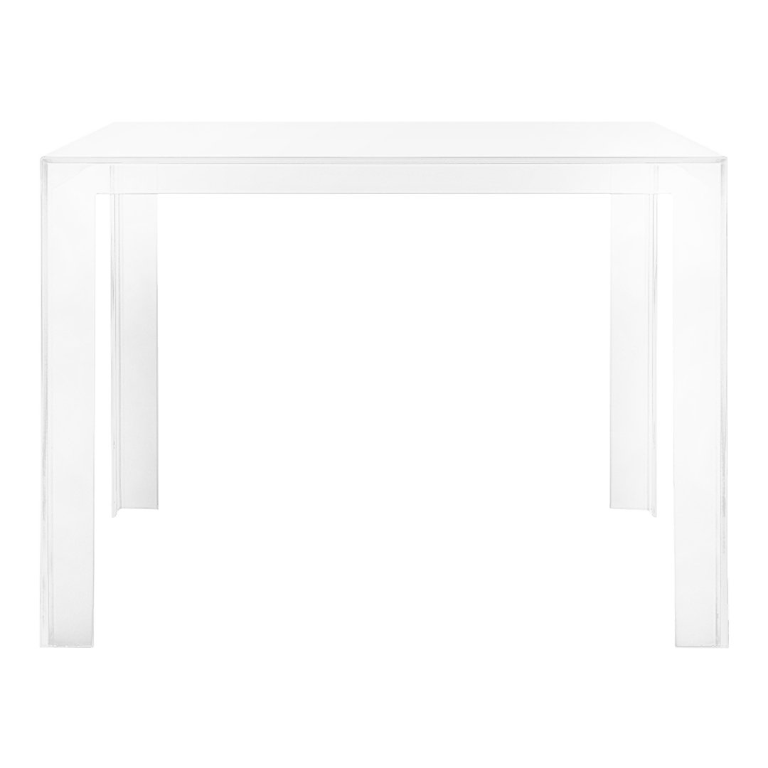Clear acrylic table with a sleek, modern design, featuring a smooth, transparent finish and minimalist style.