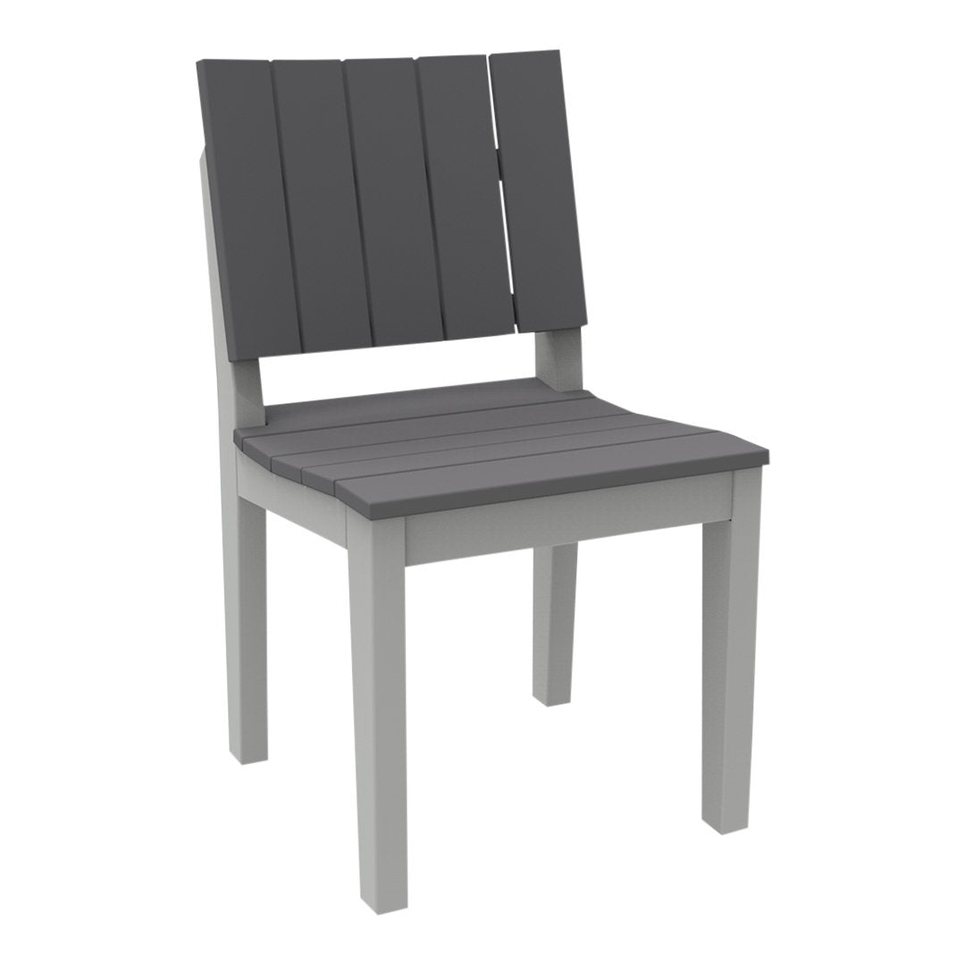 Gray slatted outdoor chair with a light gray frame, featuring a modern and minimalist design.