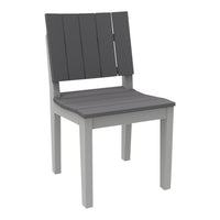 Gray slatted outdoor chair with a light gray frame, featuring a modern and minimalist design.