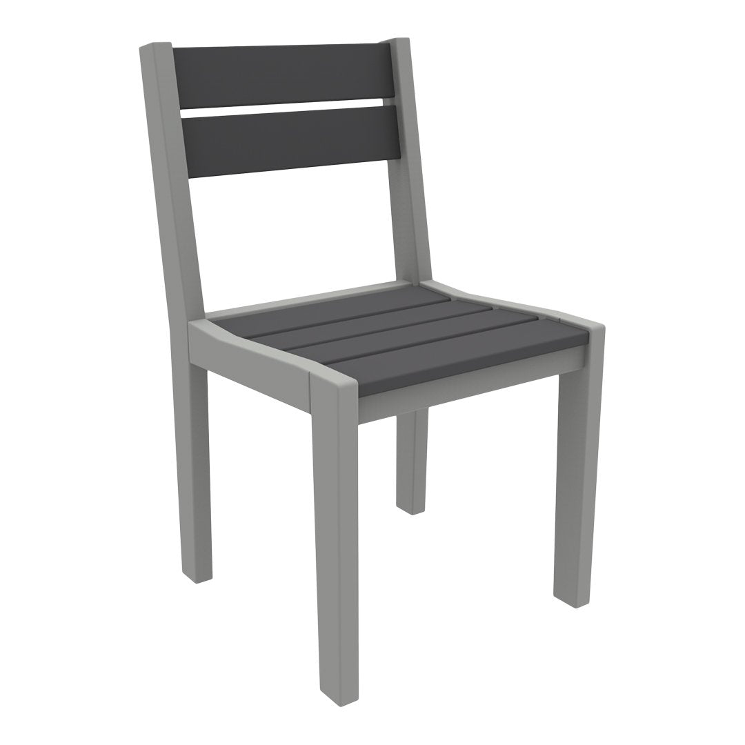 Gray outdoor chair with a sleek, modern design featuring horizontal slats and a minimalist silhouette.