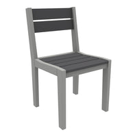 Gray outdoor chair with a sleek, modern design featuring horizontal slats and a minimalist silhouette.