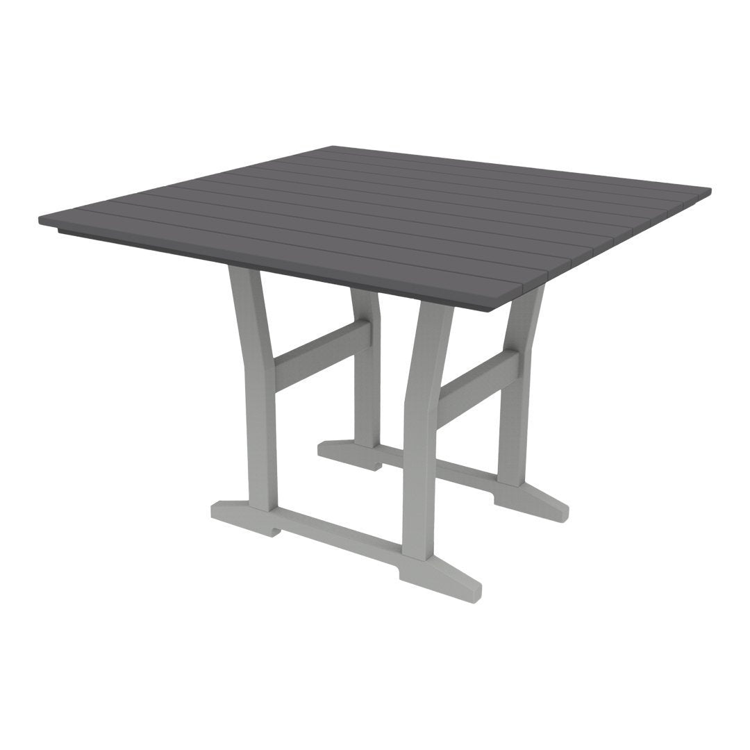 Square outdoor table in sleek gray with horizontal slat design and sturdy light gray legs.