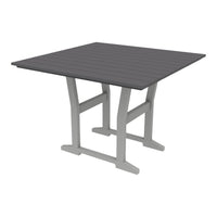 Square outdoor table in sleek gray with horizontal slat design and sturdy light gray legs.