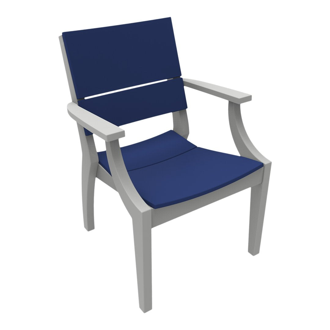 Navy blue cushioned chair with a light gray frame, featuring a sleek, modern design and simple lines.