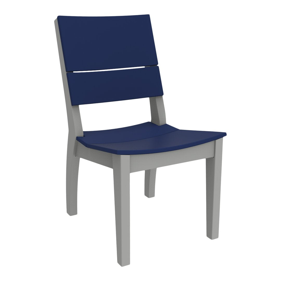 Navy blue chair with a modern design and gray wooden legs, featuring a sleek, minimalistic look.