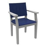 Navy blue wooden chair with a slatted design and light gray arms, perfect for outdoor or patio use.