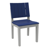 Navy blue slatted chair with a contrasting light gray frame, perfect for outdoor decor.