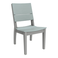 Light blue wooden chair with a minimalist design and contrasting grey legs. Sleek and modern style.