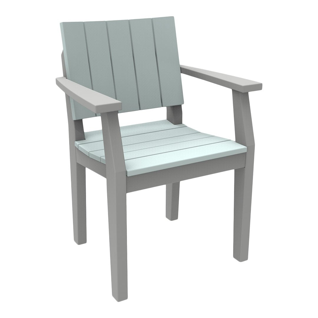 Light blue slatted outdoor chair with gray arms and legs, modern design, perfect for patio or garden settings.